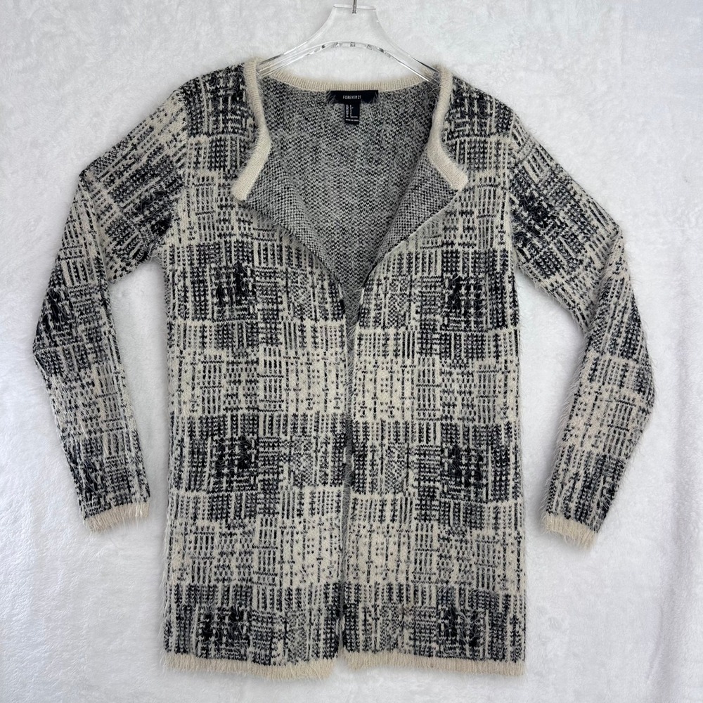 Forever 21 Black White Textured Fuzzy Knit Open Front Cardigan Sweater Womens S